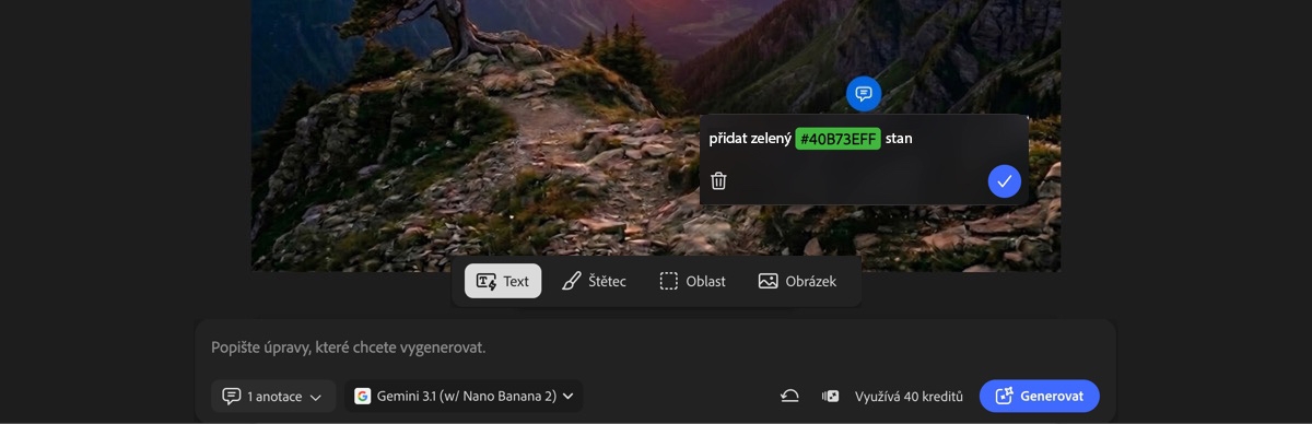 Stránka nástroje AI Markup na kartě Upravit zobrazuje textové pole s textem „odstraň strom" a vybranou možností Text.