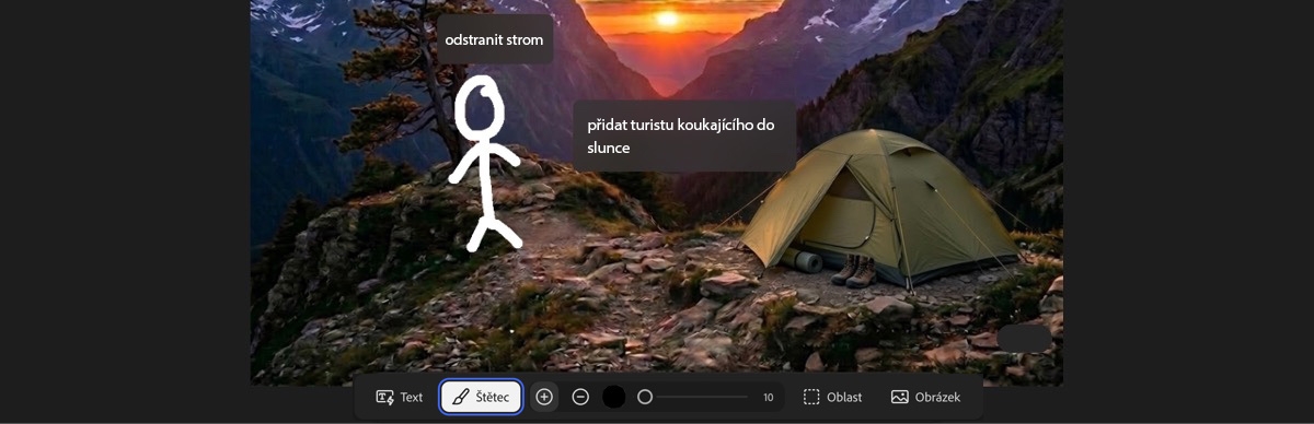 Sekce nástroje AI Markup na stránce Upravit zobrazuje zakroužkovaný stan, šipku a textové pole s textem „přesuň stan sem".