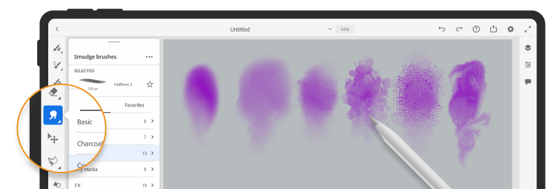štětce pro rozmazání v aplikaci Fresco