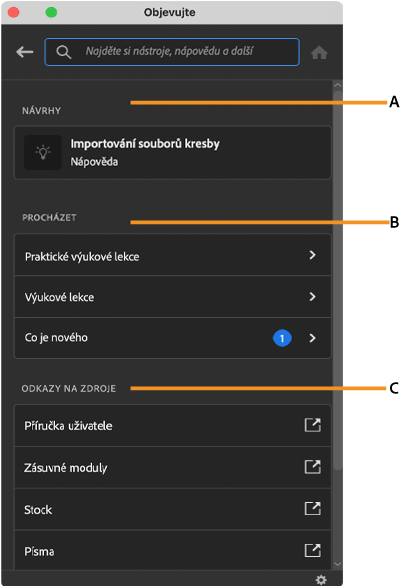 Rozhraní panelu Prohledávání v pracovní ploše aplikace Illustrator