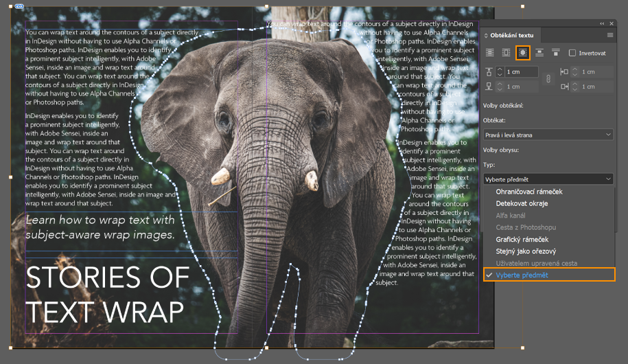 zalamování textu podle předmětů