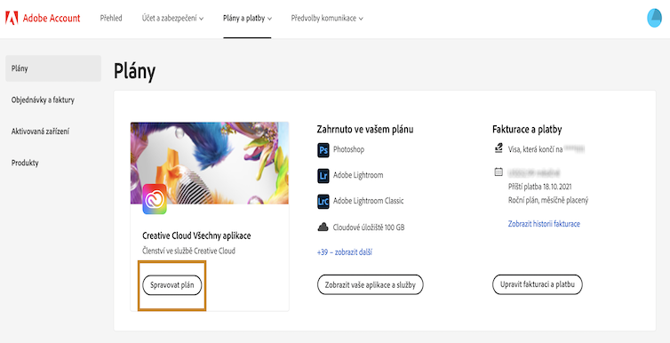 Vyberte možnost Spravovat plán nebo Zobrazit plán.