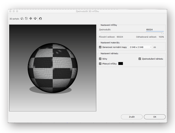 Nastavení v dialogovém okně Zjednodušit 3D mřížku v aplikaci Photoshop