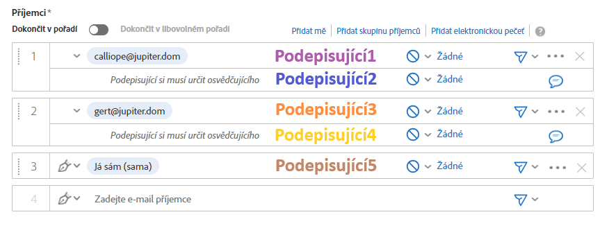 Stránka Vytvořit s indexem podepisování používaným textovými značkami přidanými v souladu s příjemci v seznamu příjemců