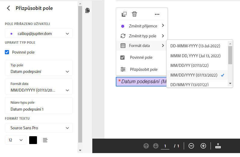 Pole typu Datum podepsání