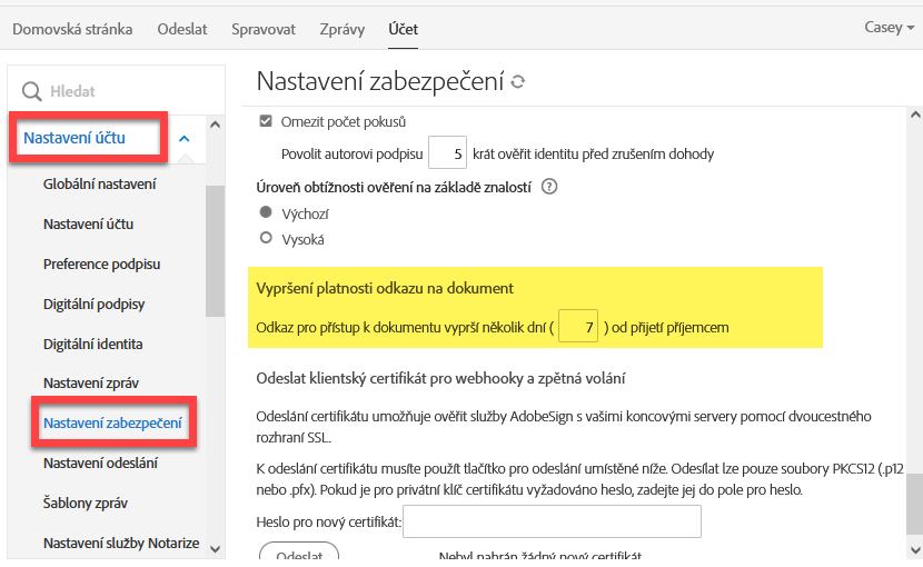 Ovládací prvky ke konfiguraci doby platnosti veřejných URL adres
