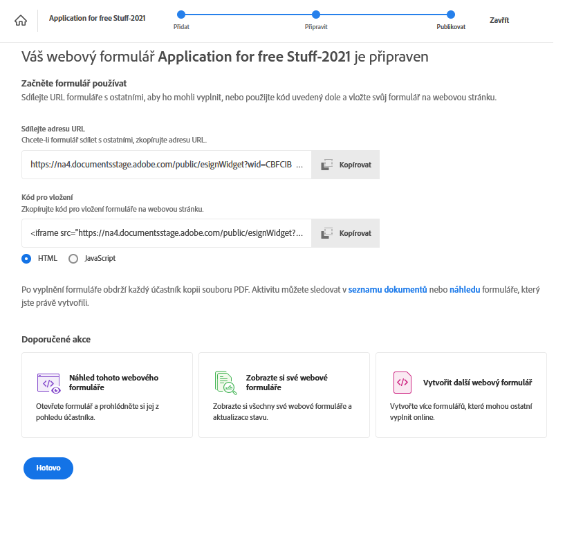 Stránka ověření po vytvoření
