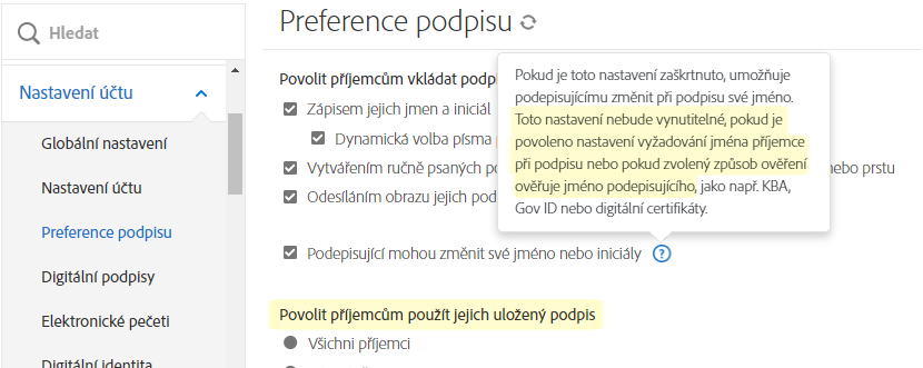 Vyžadování jména příjemce – konfliktní nastavení