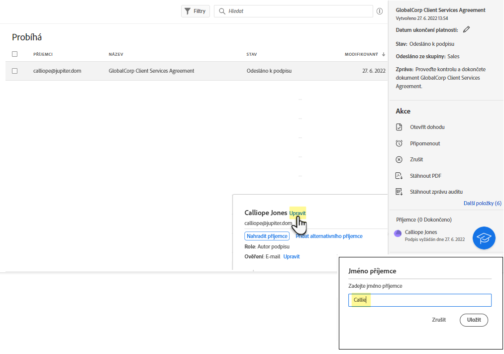 Vyžadování jména příjemce