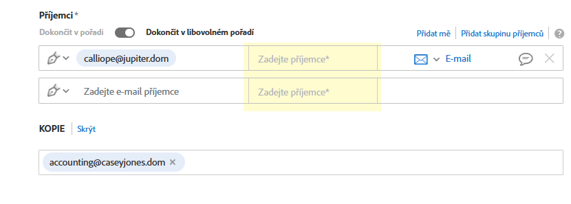Aktivované vyžadování jména příjemce na stránce Odeslat