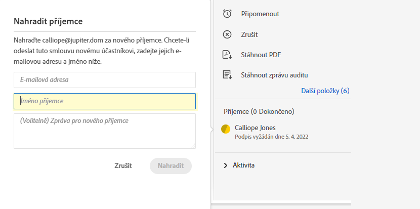 Vyžadování jména příjemce