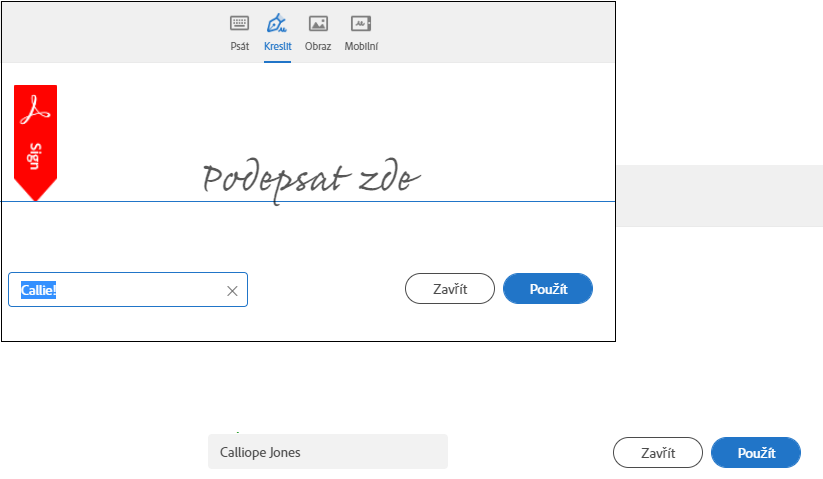 Panel vyžadování podpisu se jménem příjemce