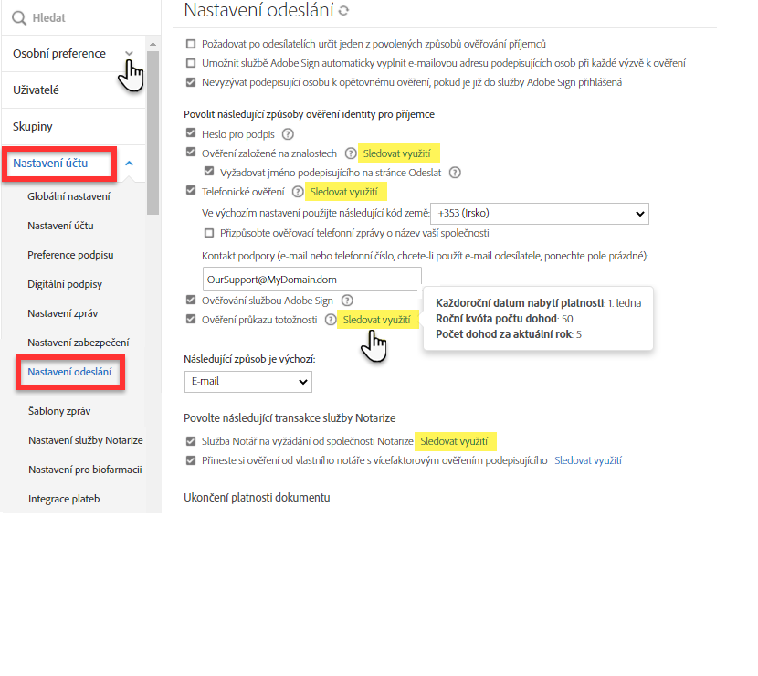 Odkazy na spotřebu v nabídce Nastavení odeslání