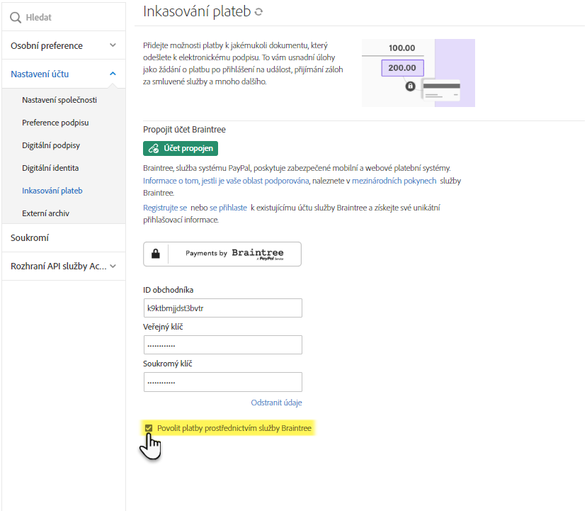 Deaktivace propojení se službou Braintree