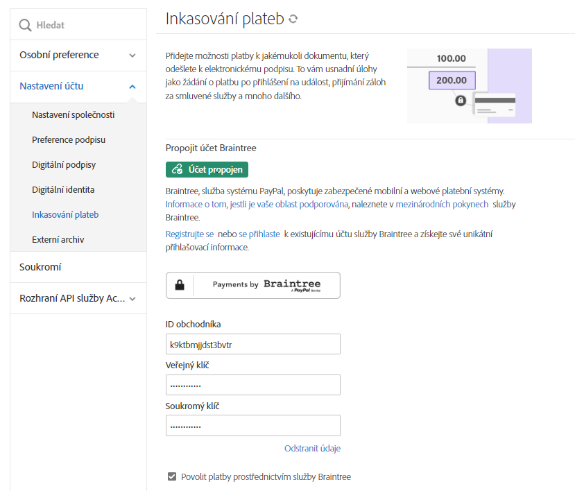 Nakonfigurovaný účet Braintree