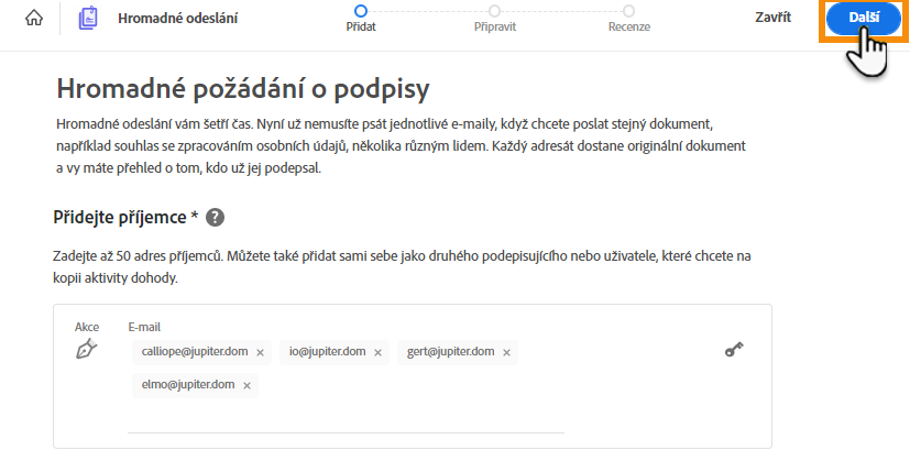Dokončená konfigurace transakce Hromadné odeslání