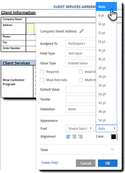 Vlastnosti velikosti písma textového pole