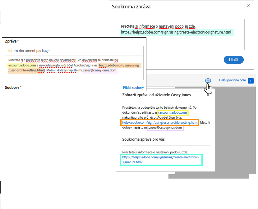 Nakonfigurovaná pole zpráv na stránce elektronického podepsání