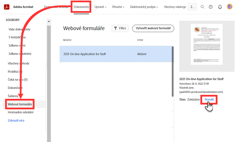 Opětovná aktivace webového formuláře