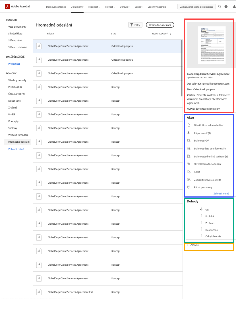 Kontextová nabídka Hromadné odeslání