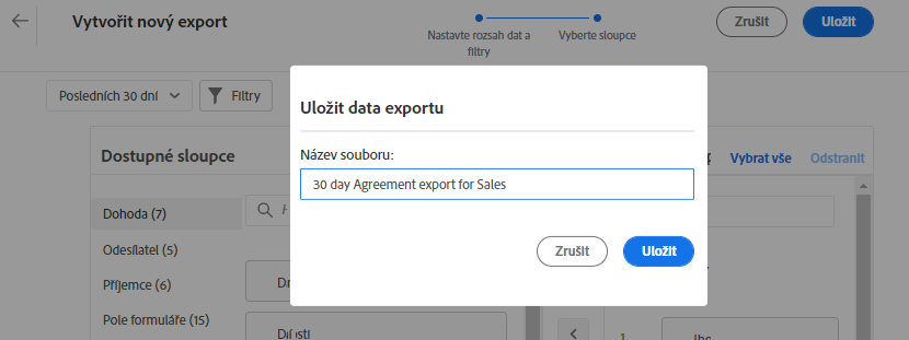 Přiřazení názvu exportu pro seznam filtrů