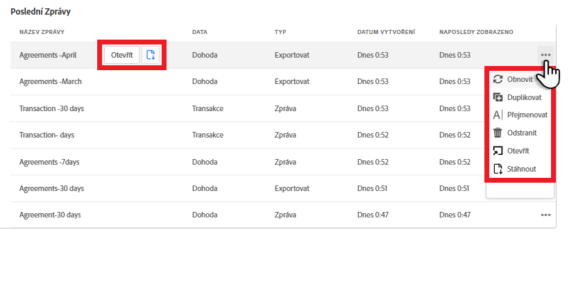 Tlačítka rychlé akce pro stránku Poslední zprávy