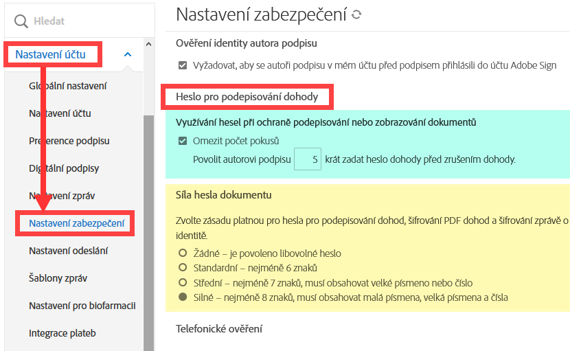 Nastavení zabezpečení hesla