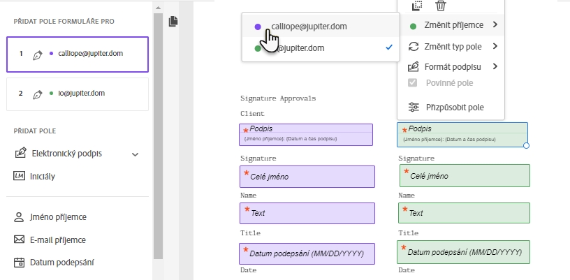 Změna příjemce přiřazeného poli