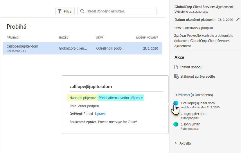 Uživatelské prostředí pro nahrazení příjemce