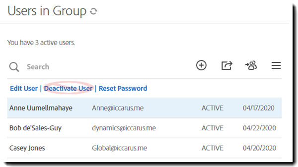 Odebraný prvek – Deaktivace uživatelů