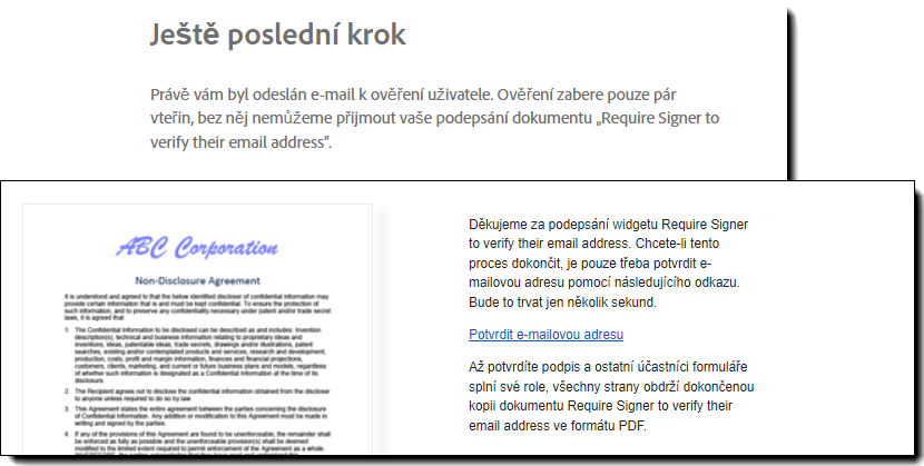 E-mailová stránka s ověřením po podepsání a e-mailový odkaz