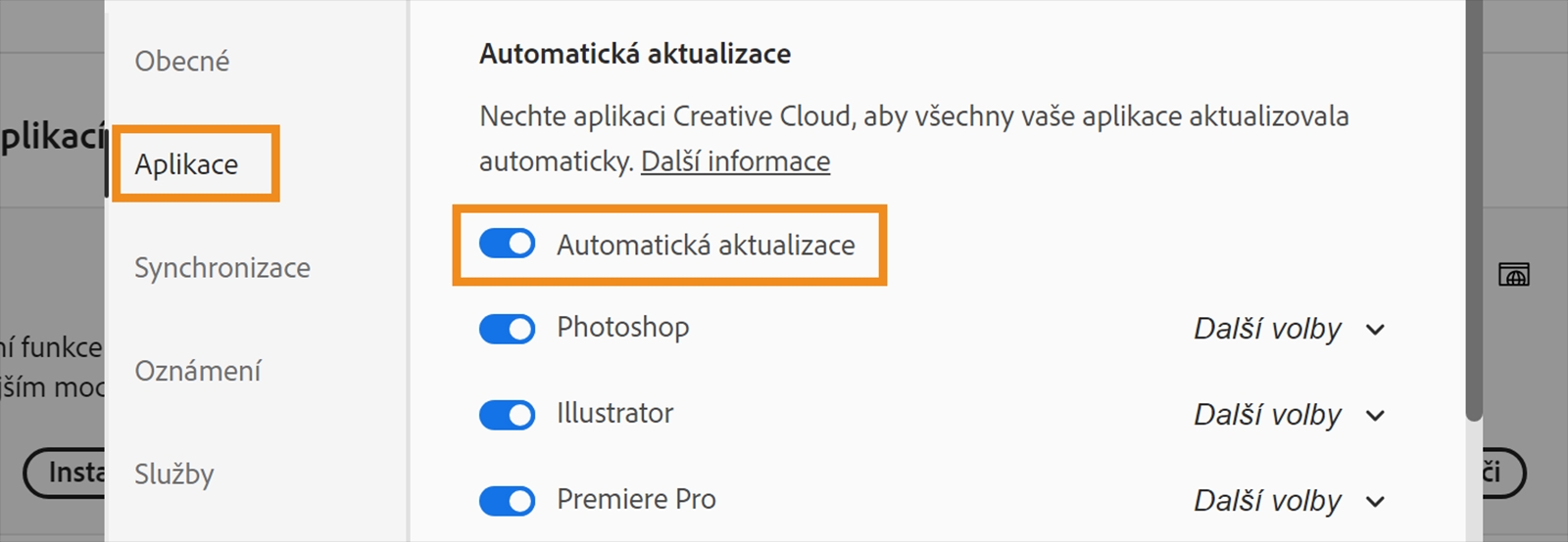 Dialogové okno Předvolby je otevřené a jsou v něm zvýrazněny možnosti Aplikace a Automatické aktualizace.  Aktivujte možnost automatických aktualizací, aby byly Beta verze vašich aplikací aktualizovány automaticky.