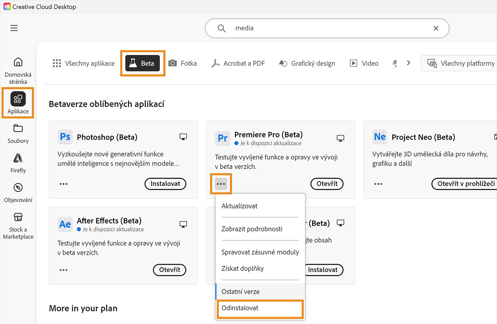 Počítačová aplikace Creative Cloud je otevřená a jsou v ní zvýrazněny možnosti Aplikace, Beta a Odinstalovat. U Beta verze aplikace, kterou chcete odstranit, vyberte možnost Odinstalovat.