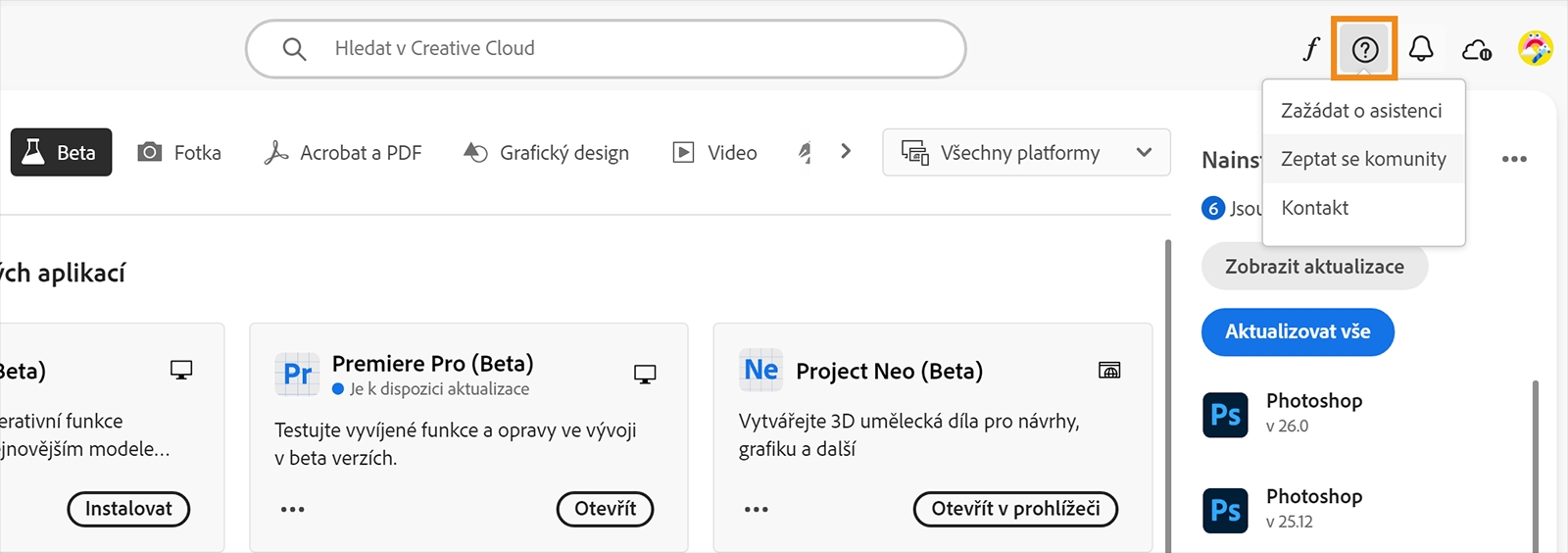 Počítačová aplikace Creative Cloud je otevřená, je v ní zvýrazněna ikona Nápověda a zdroje informací a zobrazují se v ní možnosti Získat nápovědu, Zeptat se komunity a Kontaktovat společnost Adobe.