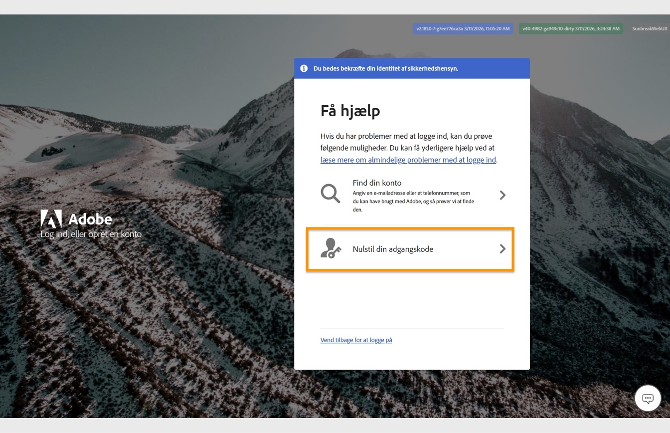 Knappen Nulstil din adgangskode, der er placeret på højre side af skærmen i vinduet Få hjælp, giver mulighed for at nulstille din kontoadgangskode.