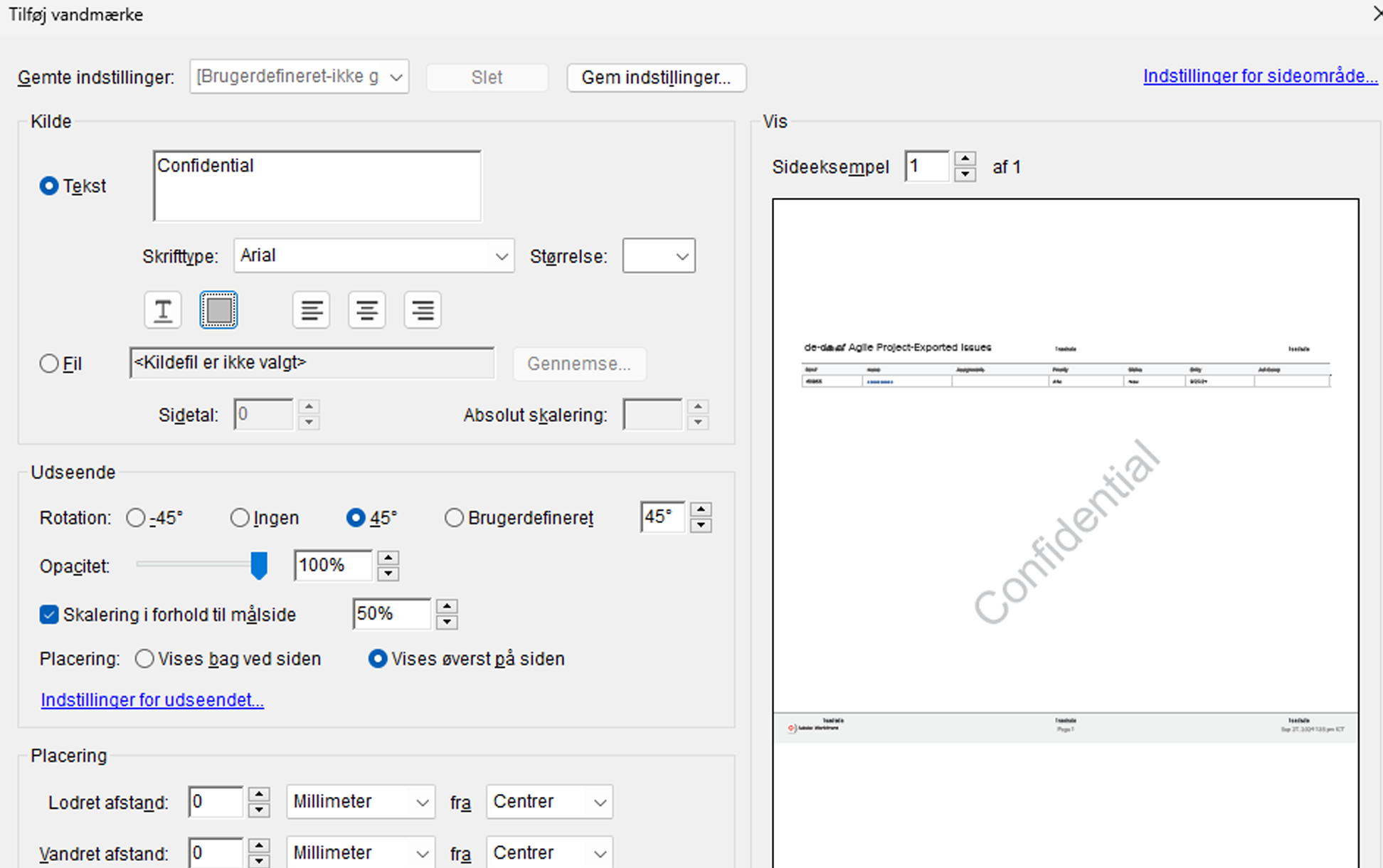 Indstillingsvinduet Tilføj vandmærke Indstillingsvinduet Tilføj vandmærke