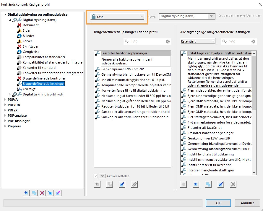 Rediger profil via dialogboksen Forhåndskontrol Dialogboksen Forhåndskontrol til redigering af profil vises