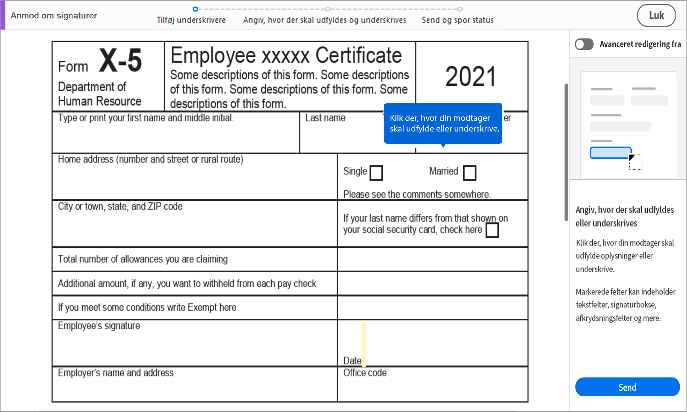 Angiv, hvor der skal udfyldes og underskrives