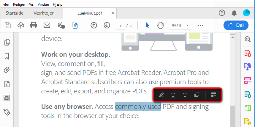 Handlinger ved tekstmarkering