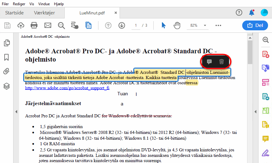 Handlinger ved fremhævningsmarkering