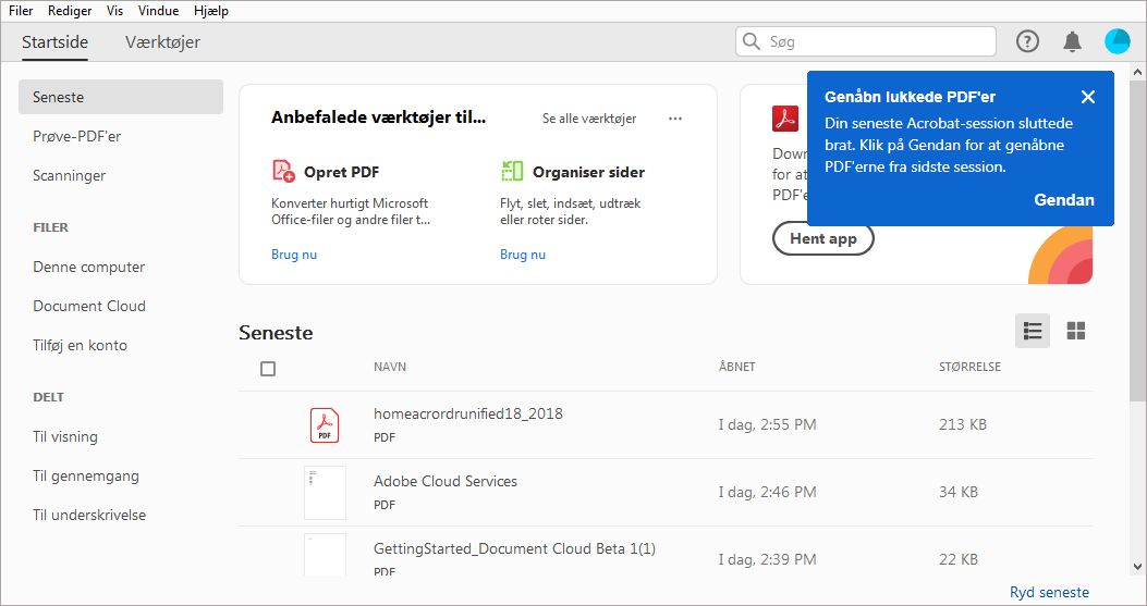 Genåbn lukkede PDF'er