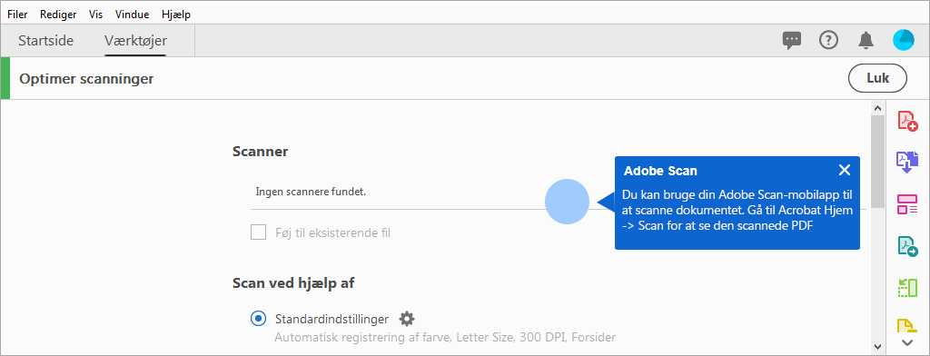 Kontekstuelt tip til at bruge Adobe Scan-mobilappen, hvis der ikke blev fundet nogen scannere
