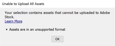Kan ikke uploade alle aktiver-dialogen viser fejlen: Aktiver er i et uforventet format. Kan ikke uploade alle aktiver-dialogen viser fejlen: Aktiver er i et uforventet format.