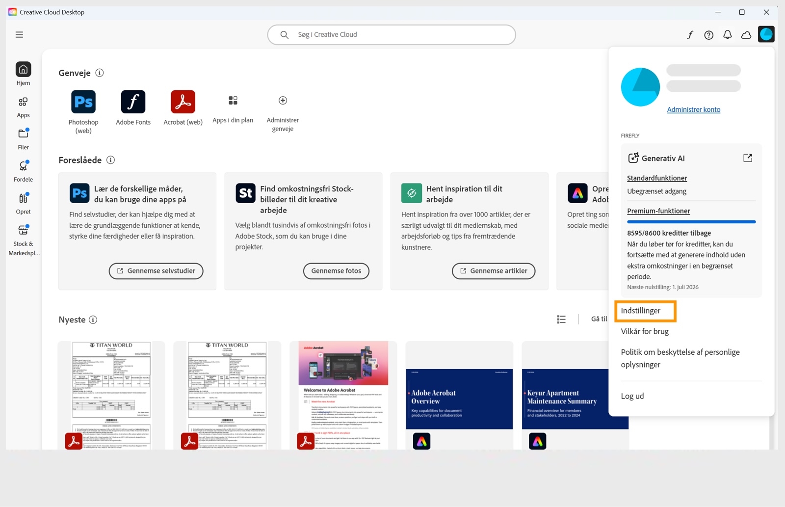 Rullemenuen Konto viser muligheder som Indstillinger, Log ud og Adobe-konto. 