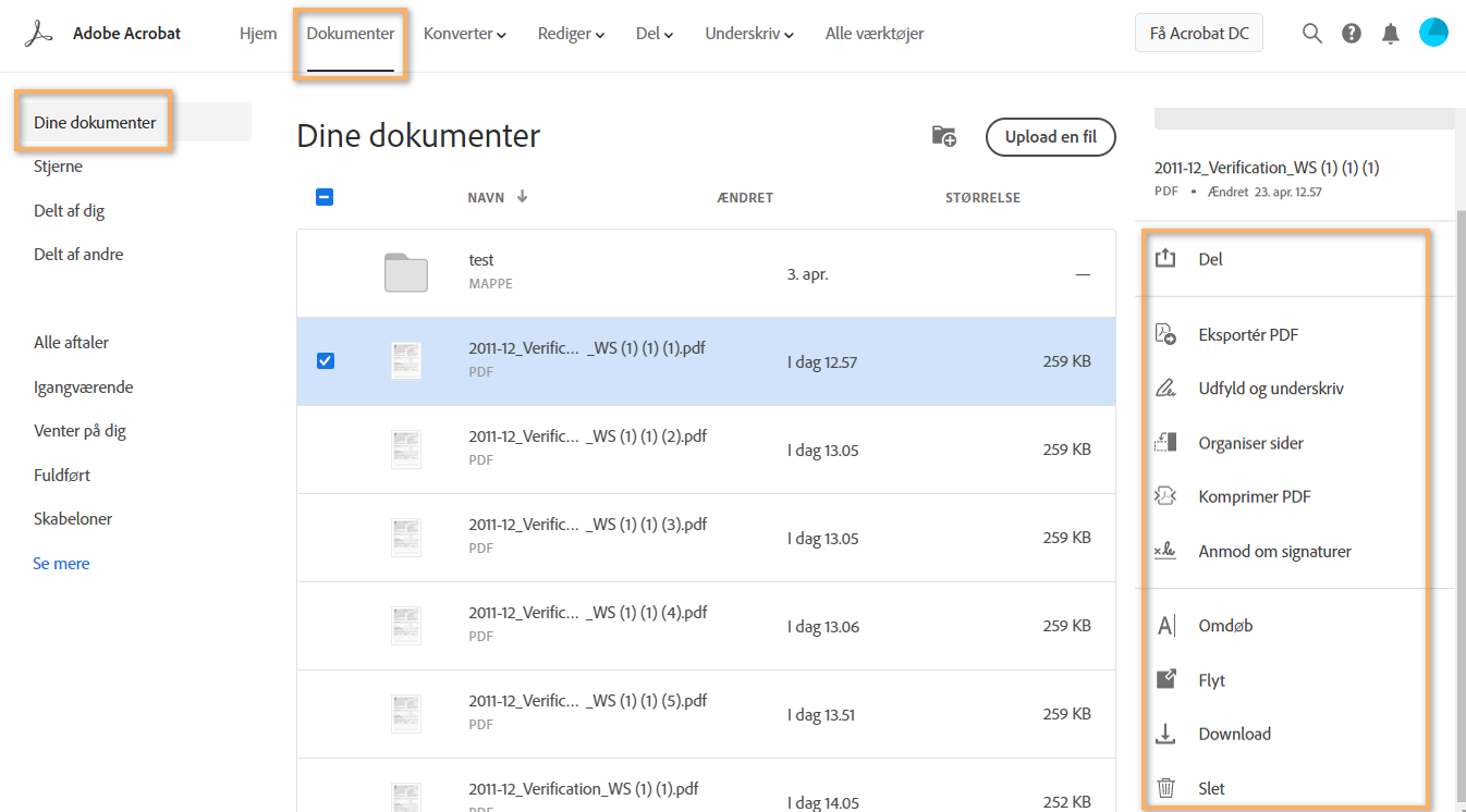 Administrer og arbejd med dine filer, der er gemt i Adobe Document Cloud