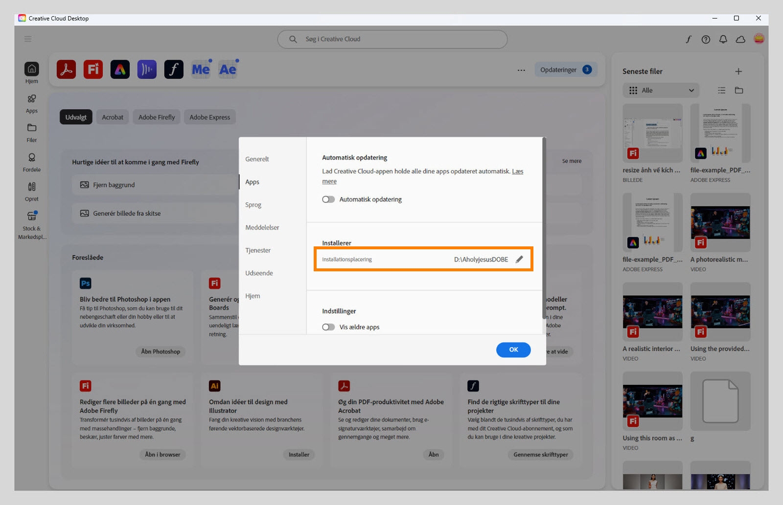 Panelet Præferencer, der er åbent i Adobe Creative Cloud på fanen "Apps" og fremhæver sektionen "Installerer", hvor brugere kan indstille standardinstallationsplaceringen.