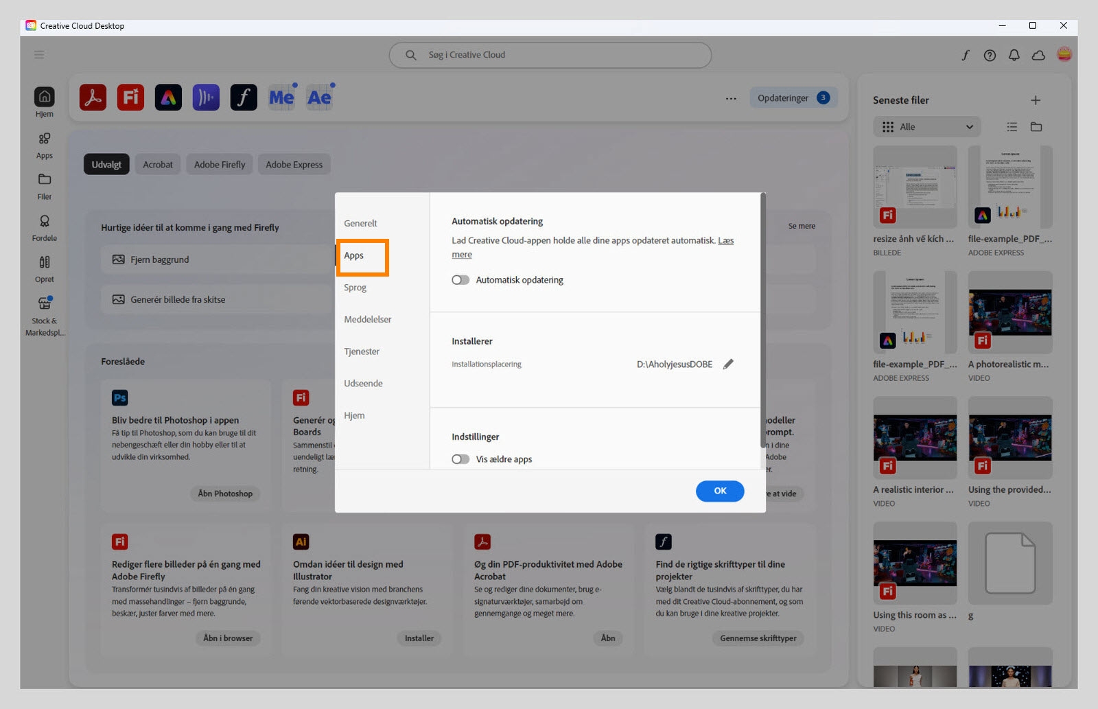 Afsnittet Apps i Creative Cloud-indstillinger viser indstillinger for automatisk opdatering, installationsplacering og båndbredde.