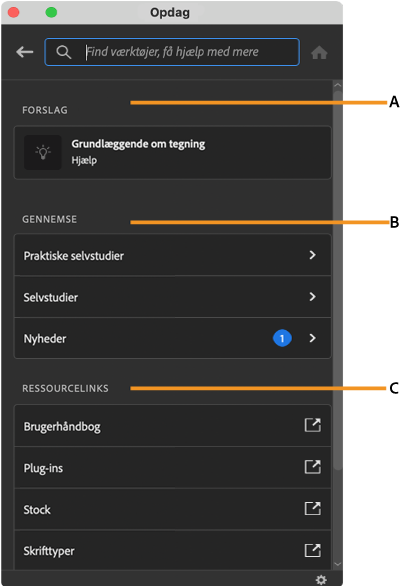 Grænsefladen i Opdag-panelet i Illustrator-arbejdsrummet