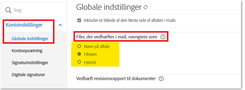 Fanen Globale indstillinger med kontrolelementerne til filnavngivning fremhævet