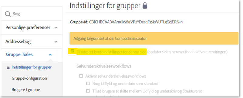 En deaktiveret side med indstillinger, der viser, at tilsidesættelsen for gruppeindstillingerne stadig er aktiveret